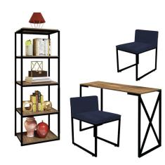 Imagem de Kit Escritório Bex 2 Cadeiras Suede Azul Marinho com 1 Mesa e 1 Livreiro Ferro Preto MDF Caramelo - Ahazzo Móveis