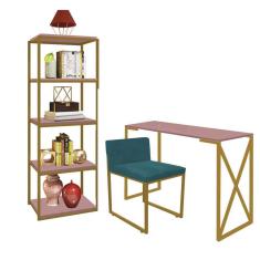 Imagem de Kit Escritório Bex 1 Cadeira Suede Azul Turquesa com 1 Mesa e 1 Livreiro Ferro Dourado MDF Rose Rosa - Ahazzo Móveis