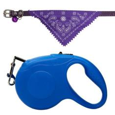 Imagem de Kit Para Pets Com Guia Retrátil Azul Com Coleira Bandana Roxa Pequena