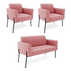 Imagem de Sofá Namoradeira E 2 Poltronas Pé De Ferro Preto Marisa Suede D03 - D`rossi Cor Rose