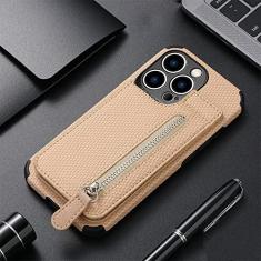Imagem de Capa de telefone de couro carteira de cartões com zíper para iphone 13 12 mini 11 pro max x xs xr 8 7 6 6 s plus se 2020 bolsa titular capa de cartão, cáqui, para iphone se 2022