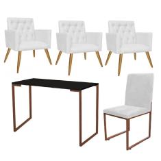 Imagem de Kit Escritório Stan 3 Poltronas Capitonê com Cadeira e Mesa Industrial Preto Bronze Corino Branco - Ahz Móveis