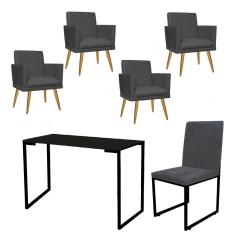 Imagem de Kit Escritório Stan 4 Poltronas Rodapé com Cadeira e Mesa Industrial Tampo Preto Suede Cinza - Ahz Móveis