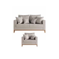 Imagem de Kit Sofá e Poltrona Decorativo Beni 1,80cm Beni Base Madeira Linho Bege - Montanaris Decor