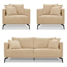 Imagem de Kit 2 Poltronas E Sofá Living 2 Lugares 1,60M Sirius Linho Pés Metálic