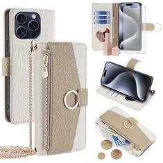 Imagem de Asuwish Capa de telefone para iPhone 15 Pro 6,1 polegadas capa carteira com protetor de tela e capa flip espelhada, anel suporte para cartão, alça transversal, suporte para celular iPhone15Pro 5G i