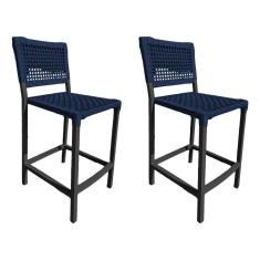 Imagem de Kit 2 Banquetas França Em Corda Náutica E Base Em Alumínio Preta Para área Gourmet Azul Marinho Azul