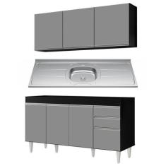 Imagem de Armário Aéreo Argélia e Balcão Com Pia 150cm Marrocos Preto/Cinza - Lu
