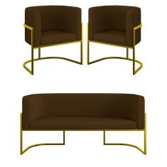 Imagem de Kit 2 Cadeiras Poltronas + Sofá 2 Lugares Base Gold Corino Marrom