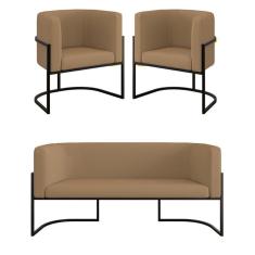 Imagem de Kit 2 Cadeiras Poltronas + Sofá 2 Lugares Base De Metal Preto Veludo Capuccino