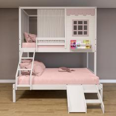 Imagem de Beliche Casinha Reta Casal/ Solteiro com Escorregador e Cortina Madeira Maciça Branco/ Rosa Housin