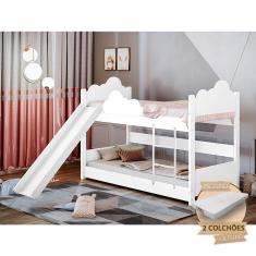 Imagem de Beliche Solteiro Montessoriana Erika Nuvem Com Escorregador E Colchões - Branca - Branco