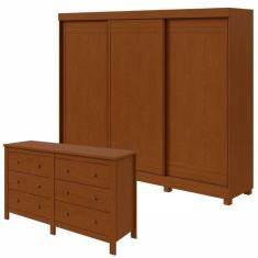 Imagem de Conjunto de Guarda-Roupa 3 Portas 4 Gavetas Nice com Pés e Cômoda 6 Gavetas 162x92cm Maggiore New  Frassino/Off White