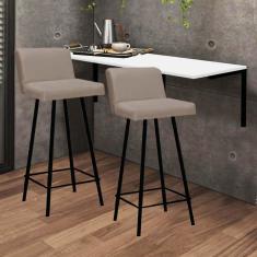 Imagem de Kit Mesa Suspensa de Parede Fixa MDF Branco + 2 Banquetas Lexi Ferro Preto Corino Bege - Ahazzo Móveis