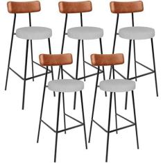 Imagem de Kit 05 Banquetas Alta Cozinha Sala De Jantar Aço Milão L02 Couríssimo Camel Linho Cinza - Lyam Decor