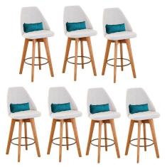 Imagem de Kit 07 Banquetas Alta Maya Giratória Com Encosto Gourmet Linho Bege e Almofada Sintético Azul Turquesa - Aurora Line