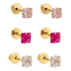 Imagem de Brinco Ouro 18K Pedra Quadrada 3mm Infantil 2º Furo Bebê Branco Vermel