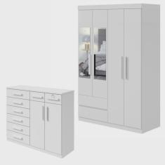 Imagem de Conjunto de Guarda-Roupa Solteiro com Espelho 4 Portas 2 Gavetas Zeus e Cômoda Toronto Branco