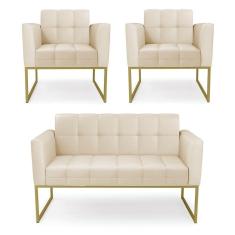 Imagem de Kit 1 Sofá Namoradeira E 2 Poltronas Elisa Corino Bege Base Metálica Industrial Dourado - D`rossi
