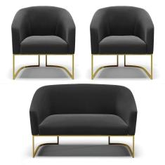 Imagem de Namoradeira E 2 Poltronas Base Industrial Dourado Stella Suede D03 - D`rossi Cor Preto