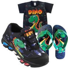 Imagem de Kit Tênis De Led Infantil Menino Masculino Dinossauro + Chinelo + Camisa-Masculino