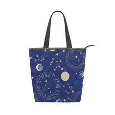 Imagem de Bolsa feminina durável de lona com tema do zodíaco, constelações abstratas, lua e círculos, bolsa de ombro para compras de grande capacidade