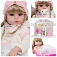 Imagem de Boneca Reborn Grande Cabelo Loiro Linda Com Kit 20 Itens - Cegonha Reb