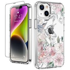 Imagem de LUHOURI Capa projetada para 14 Plus com protetor de tela - Slim Fit, capa de acrílico transparente resistente para mulheres e meninas - Capa protetora para celular de 6,7 polegadas - Folhas de flores