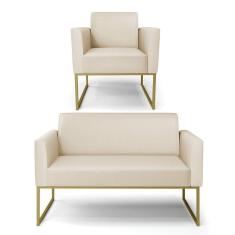 Imagem de Sofá Namoradeira Com Poltrona Base Industrial Dourado Marisa Corino Bege D03 - D`rossi