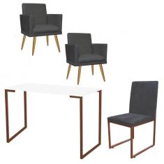 Imagem de Kit Escritório Stan 2 Poltronas Rodapé com Cadeira e Mesa Industrial Branco Bronze Suede Cinza - Ahz Móveis