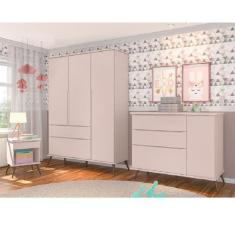 Imagem de Jogo De Quarto Infantil De Bebê Alice Rosê 100% Mdf Guarda Roupa + Côm