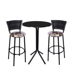 Imagem de Jogo de 2 Banquetas Preta Junco Preto Assento Floral Marrom com Bistro Preto