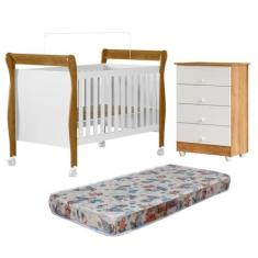 Imagem de Quarto de Bebê com Berço Mini Cama com Colchão Slim e Cômoda de Bebê 100% Mdf 4 Gavetas Soft Life Branco/madeirado Ypê