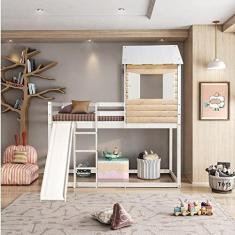 Imagem de Cama Alta Infantil Club House Wood com Escorregador Casatema Branco/natural