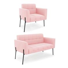 Imagem de Sofá Namoradeira E Poltrona Pé De Ferro Preto Para Sala Elisa Suede D03 - D'rossi Cor Rosa Bebê