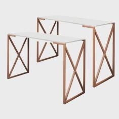 Imagem de Kit 02 Mesa Escrivaninha Escritório e Home Office X Zurik X Industrial Ferro Bronze Tampo mdf Branco - Ahazzo Móveis