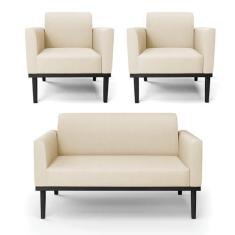 Imagem de Sofá Namoradeira com 2 Poltronas Base de Madeira Fixa Preto Marisa Linho Bege A19 D03 - D'Rossi