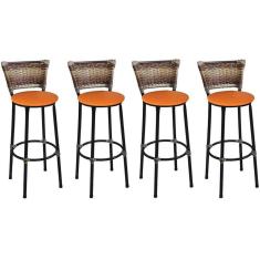 Imagem de Kit 4 Banquetas Altas Preta com Encosto Junco Capuccino Assento Laranja