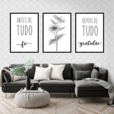 Imagem de Kit 3 Quadros Decorativos Fé e Gratidão Girassol 45x34cm