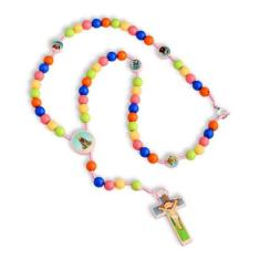 Imagem de Colar Terço Infantil Colorido Azul Rosa Católico Maria 55 cm - Santo E