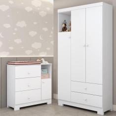 Imagem de Quarto de Bebê Guarda-roupa 3 Portas Cômoda 3 Gavetas 1 Porta Flofy Branco