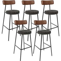 Imagem de Kit 05 Banquetas Alta Cozinha Sala De Jantar Milão L02 Couríssimo Marrom Linho Chumbo - Lyam Decor