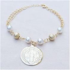 Imagem de Pulseira São Bento Religiosa Lembrança Folheado Ouro 18k
