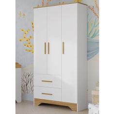 Imagem de Guarda-roupa Infantil 3 Portas e 2 Gavetas 100% Mdf Liam Branco Brilho/Amêndoa