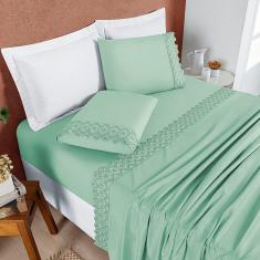 Imagem de Jogo Cama Lençol Bouclê Solteiro Micro Percal 200 Fios c/ Laise Bordada 3 Peças - Verde Salvia
