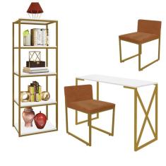 Imagem de Kit Escritório Bex 2 Cadeiras Suede Terracota com 1 Mesa e 1 Livreiro Ferro Dourado MDF Branco - Ahazzo Móveis