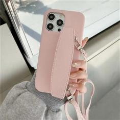 Imagem de Capa de telefone com alça de pulso crossbody para iphone 13 12 15 14 11 pro max xs xr 8 7 plus couro do plutônio capa à prova de choque, rosa, para iphone 13