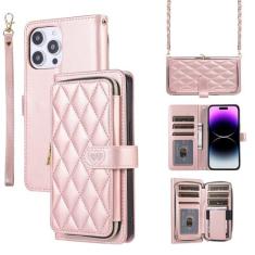 Imagem de Capa carteira para iPhone 15 Pro, bolsa flip de couro com zíper com suporte para cartão, capa de telefone à prova de choque com fivela magnética com corda de mão e corrente de couro para mulheres