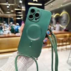 Imagem de Capa magnética de cordão com alça crossbody para iPhone 15 14 13 11 12 Pro Max Plus XS X XR Capa traseira macia de silicone, verde escuro, para iPhone 13Pro Max