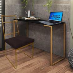 Imagem de Kit Escritório Stark Cadeira e Mesa Industrial Ferro Dourado Tampo MDF Rústico Sintético Marrom - Ahz Móveis